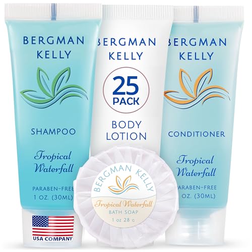 BERGMAN KELLY Hotel Toiletries Bundle (Tropical Waterfall, 1 oz each, 100 Pieces) 4-Piece Set: 25 Round Bar Soap, 25 Shampoo, 25 Conditioner & 25 Body Lotion - Bulk Mini Guest Amenities Supply - size: 1 Fl Oz (Pack of 25)