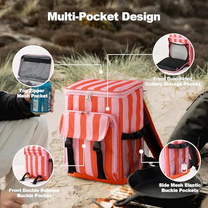 DYSHAYEN Cooler Backpack,Lightweight Backpack Cooler Insulated Leak Proof,30 Cans Soft Cooler Bag for Beach,Camping,Beach,Picnic,Lunch - color: Orange and Pink Stripe
