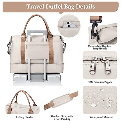 Weekender Bags for Women,Personal Item Travel Bag with Shoes Compartment,Overnight Travel Duffel Bag with Toiletry Bag - color: Beige & Brown, size: Large