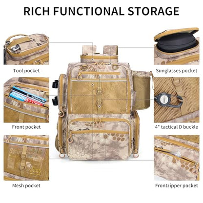 Rabjen Fishing Tackle Backpack with Rod Holders, Bottle Holder, Storage Bag Store Fishing Gear - color: Camouflage Khaki