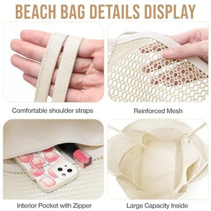 KPX Beach Bag with Mini Pocket, Summer Beach Tote Bags for Women Large Foldable Mesh Swimming Pool Travel Bags - Sandproof - color: Beige