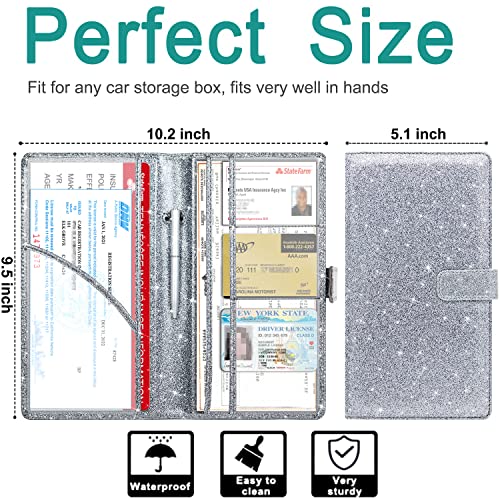 RSAquar Car Registration & Insurance Holder - Leather Glove Box Organizer, Cool Accessories for ID, Driver's License Cards & Essential Documents, Men & Women, Glitter Gray - color: Glitter Gray