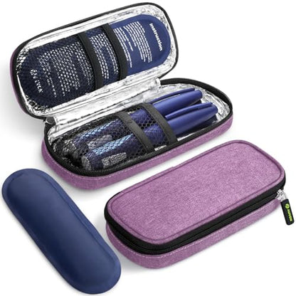 AUVON Insulin Pen Cooler Travel Case with 2 * 90g TSA Approved Ice Packs, Diabetic Medication Insulated Cooling Bag for Insulin Pens and Diabetic Supplies Storage, Compact for Daily Life and Trips - color: Purple