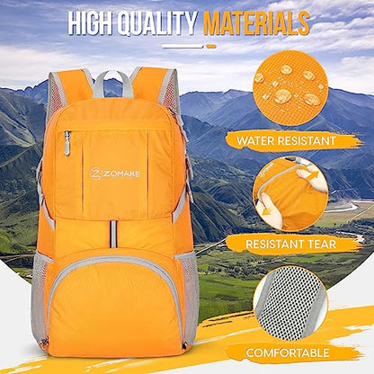 ZOMAKE Lightweight Packable Backpack 35L, Light Foldable Backpacks Water Resistant Collapsible Hiking Bag, Compact Folding Day Pack for Travel Camping(Yellow) - color: Yellow