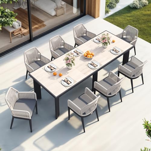 PURPLE LEAF 9 Pieces Patio Dining Set Aluminum Modern Rectangular Table and Rattan Arm Chairs with Cushions for Kitchen Porch Garden Outdoor Furniture Sets, Beige and Dark Grey - color: Beige/Dark Grey-high Armrest, size: 9 PCS, style: Rectangular