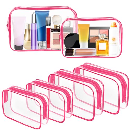 AURUZA Clear Makeup Bag,Portable Travel Toiletry Bags with Zipper, TSA Approved Clear Organizer Bags, PVC Cosmetic Pouch for Airport Airline Compliant - color: 6 Packs Rose Red