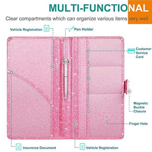 RSAquar Car Registration & Insurance Holder - Leather Glove Box Organizer, Cool Accessories for ID, Driver's License Cards & Docs, Men & Women, Pink Glitter - color: Glitter Pink