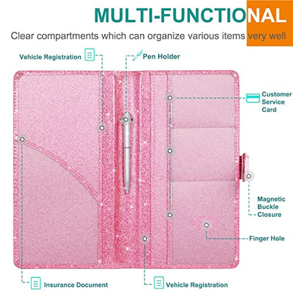 RSAquar Car Registration & Insurance Holder - Leather Glove Box Organizer, Cool Accessories for ID, Driver's License Cards & Docs, Men & Women, Pink Glitter - color: Glitter Pink