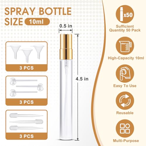 Mini Glass Spray Bottle 50pcs 10ml Clear Spray Bottle Empty, Fine Mist Refillable Mini Perfume Spray Bottle, Perfume Atomizer, Travel Spray Bottle For Hair, Small Empty Sample Containers Portable - size: Spray Bottle10ml-50P