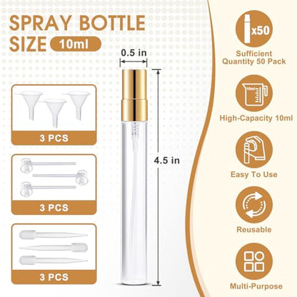 Mini Glass Spray Bottle 50pcs 10ml Clear Spray Bottle Empty, Fine Mist Refillable Mini Perfume Spray Bottle, Perfume Atomizer, Travel Spray Bottle For Hair, Small Empty Sample Containers Portable - size: Spray Bottle10ml-50P