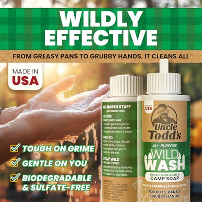 Uncle Todd's Wild Wash Biodegradable Soap, Camping Soap Ideal for Dishes, Body, Hands, and Clothes - 4oz, Sage Scent