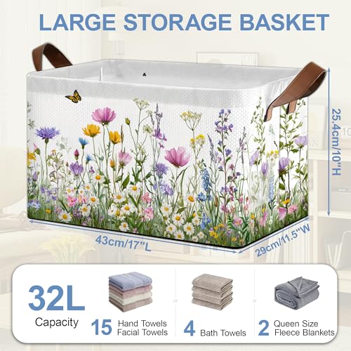Wildflowers Butterfly Storage Baskets,Garden Herb Flower Foldable Large Capacity Organizer Bins with Waterproof Lining and Leather Handles for Closet,Shelf,Bedroom 17x11.5x10Inch - color: Wildflowers Butterfly Garden Herb Flower