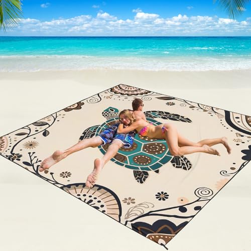WIWIGO Beach Blanket Waterproof Sandproof Beach Mat 79" X 83"/10'x9'for 2-8 Adults Quick Drying Outdoor Picnic Mat Beach Accessories for Travel, Camping, Hiking - color: Beige Sea Turtle - Mandala, size: 79" X 83"（1-4person）
