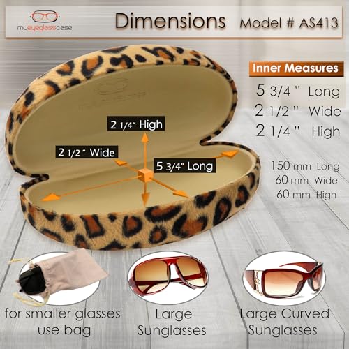 MyEyeglassCase® Large Hard Sunglasses Case | fits Large curved Sunglasses, with microfiber bag and cleaning cloth - color: Leopard Brown2