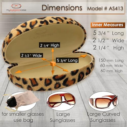 MyEyeglassCase® Large Hard Sunglasses Case | fits Large curved Sunglasses, with microfiber bag and cleaning cloth - color: Leopard Brown2