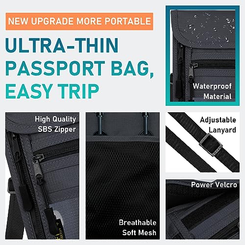 sundee Travel Neck Wallet with Double Zippers, RFID Blocking Passport Holder with Adjustable Neck Strap to Keep Cash, Credit Cards and Travel Documents Safe - Dark Gray - color: Dark Gray