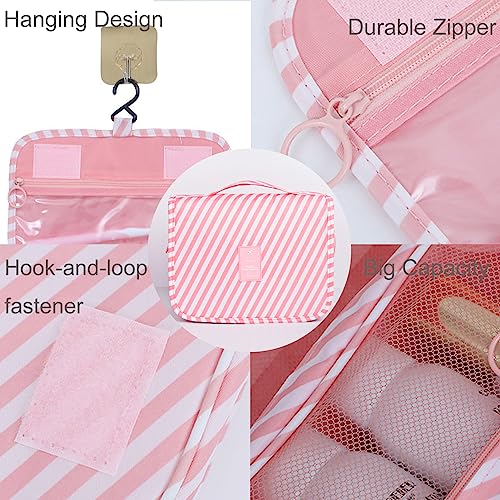 Travel Toiletry Bag for Women, Hanging Toiletry Bag with Multi-Pockets, Toiletry Bag for Traveling Easy Clean, Travel Organizer Bag Pink-strip - color: Pink-strip