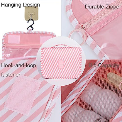 Travel Toiletry Bag for Women, Hanging Toiletry Bag with Multi-Pockets, Toiletry Bag for Traveling Easy Clean, Travel Organizer Bag Pink-strip - color: Pink-strip