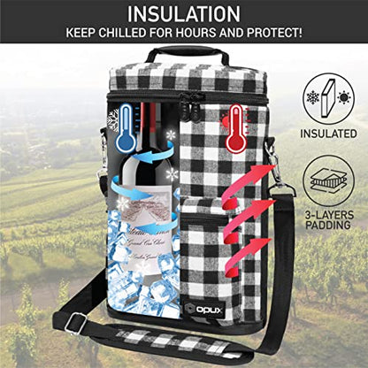 Opux 2 Bottle Wine Tote Carrier, Insulated Cooler Bag for Travel Picnic, Leakproof Padded Case, Wine Gifts for Women & Men, Plaid Buffalo White - color: Buffalo Plaid White