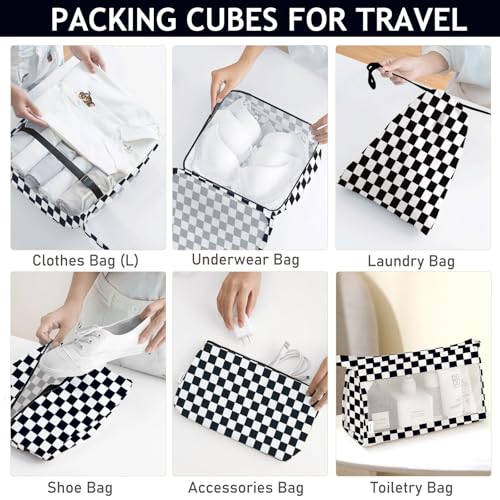 KPX 8 Set Packing Cubes for Travel, Luggage Packing Organizers Accessories Large Toiletries Bag for Clothes Shoes Cosmetics (8Set-Black Checkered) - color: 8Set-Black Checkered