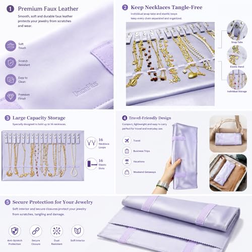 UnionPlus Travel Jewelry Roll, Faux Leather Necklaces Organizer Bag, Elastic Band and Anti-winding, Lavender Violet - color: Leather Lavender Violet, size: Medium