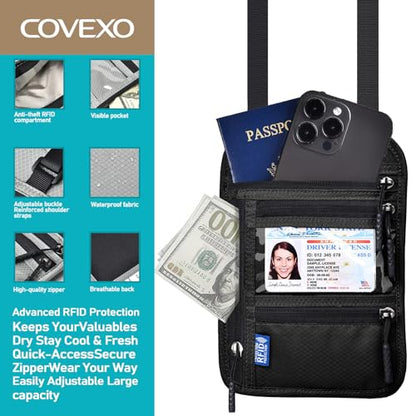 Neck Wallet for Travel, RFID Blocking Passport Holder - Slim Travel Pouch with Adjustable Strap | Holds Phone, Cards, Cash, Documents | Water-Resistant & Secure for Men & Women - color: Dark Grey