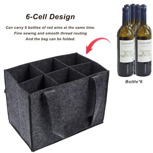 6 Bottle Wine Carrier with Divider Felt Wine Storage Tote Bag, Portable Reusable Wine Travel Bag with Handle for Christmas Travel Camping Picnic Party (Dark Gray) - color: Dark Gray