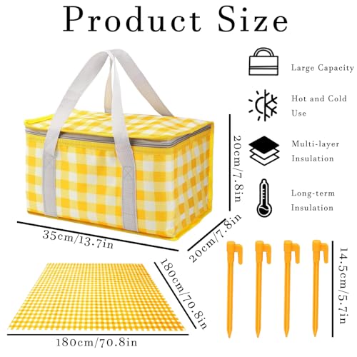 Insulated Picnic Bag with Leakproof Liner Foldable Reusable Cooler Basket Includes Disposable Picnic Mat Sturdy Handle Ideal for Outdoor Activities Travel Beach Camping (Yellow) - color: Yellow