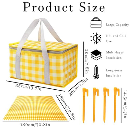 Insulated Picnic Bag with Leakproof Liner Foldable Reusable Cooler Basket Includes Disposable Picnic Mat Sturdy Handle Ideal for Outdoor Activities Travel Beach Camping (Yellow) - color: Yellow