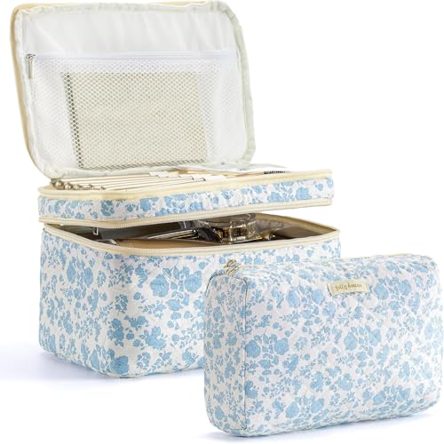 HBselect 2Pcs Travel Makeup Bag, Large Cotton Quilted Makeup Bag Cosmetic Bag Cute Make up Bag Toiletry Bags for Women Girls - color: 2PCS-FLOWER1