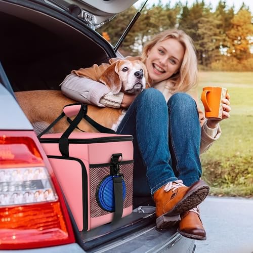 6 Set Dog Travel Bag, Large Pet Supplies for Dogs, Includes 2 Collapsible Dog Bowls, 2 Food Containers, 1 Treat Pouch with Pet Travel Bag, Pink - color: Pink