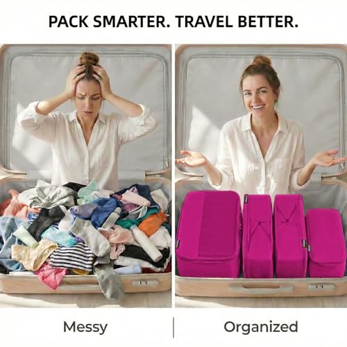 4 Piece Compression Packing Cubes for 3–7 Day Travel, Space Saving Travel Organizers with Breathable Mesh, Double-Zipper Packing Cubes for Carry-On & Suitcases (Red) - color: Red