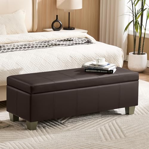 WUTUTUEE 51" Faux Leather Storage Ottoman, Stitch Tufted Rectangle Upholstered End of Bed Storage Bench, Entryway Large Couch Ottoman with Wooden Legs,Brown - color: Brown, size: 51 Inch