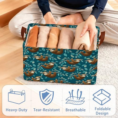 Funny Sloth Storage Baskets,Leaves Foldable Organizer Bin with Handles for Home Living Room Bedroom Closet Box 17x11.5x10Inch - color: Funny Sloth Leaves