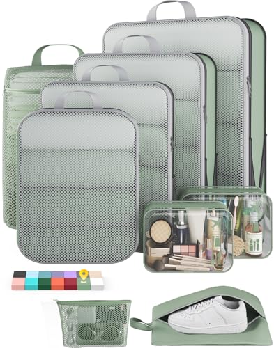 Veken 9/11 Set Compression Packing Cubes for Travel Essentials,Compressible Expandable Large Luggage Suitcase Organizer Bags for Clothing,Durable Space Saver Storage Bags(Matcha Green) - color: Matcha Green, size: 9 set