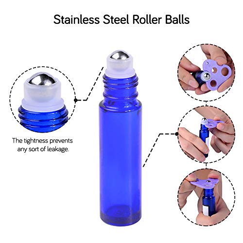 PrettyCare Roller Bottles 10ml (12 Pack Blue Glass, Black Cap, 24 Labels, 2 Extra roller balls, Opener, 2 Funnels) for essential oils, Roll on Bottles - color: Blue with Black Cap, size: 12 Pack