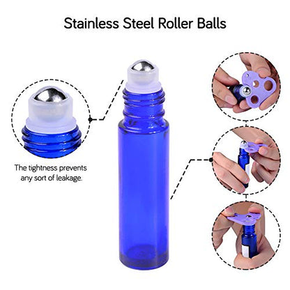 PrettyCare Roller Bottles 10ml (12 Pack Blue Glass, Black Cap, 24 Labels, 2 Extra roller balls, Opener, 2 Funnels) for essential oils, Roll on Bottles - color: Blue with Black Cap, size: 12 Pack