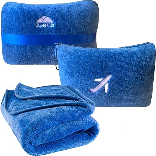 BlueHills Travel Blanket Pillow in Mini Soft Case Premium Plush Airplane Blanket in Soft Bag Compact Pack with Luggage Belt and Backpack Clip Car Portable Cozy Traveling Accessories - Royal Blue M07 - color: Royal-m07