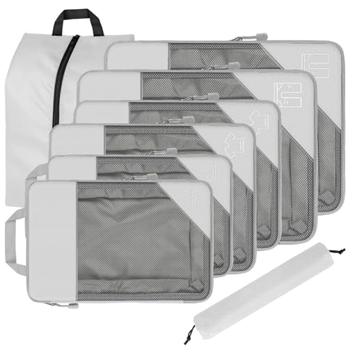 8 Set Compression Packing Cubes for Travel, Expandable Luggage Organizer with Shoe Bag & Laundry Bag - Lightweight Suitcase & Backpack Travel Essentials (Beige) - color: Beige