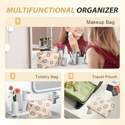 BOYATU Corduroy Travel Makeup Bag: Machine Washable 30+ Times, Fits 4 Bottles & 8 Brushes (22cm), Ultra-Light 120g, Canvas Lined Cosmetic Organizer Pouch, Large Toiletry Purse Gift for Women(01-Khaki)