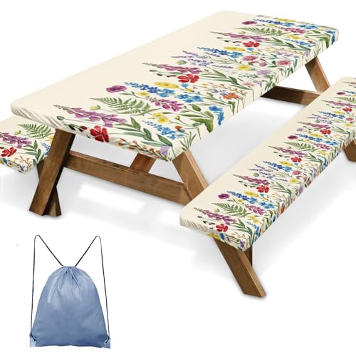 Picnic Table Cover with Bench Covers Elastic Edges, Cottagecore Camper Fitted Table Cover, Outdoor Camping Essentials 72 Inch 3PCS, Waterproof Camping Fitted Tablecloth with Drawstring Bag - color: Cottagecore Botanical, size: 72in