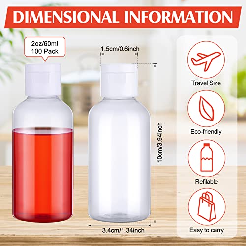 Eccliy 100 Pack 2 oz Plastic Bottles Travel Lotion Bottle Squeeze Container Plastic Bottles with Caps Small Travel Empty Refillable Toiletry Containers for Liquid Lotion Creams with 5 Funnels(Clear) - color: Clear, size: 2 oz