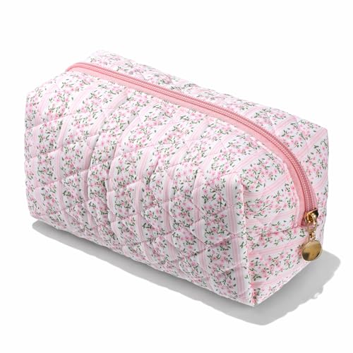 Floral Flowers Toiletry Organizer Makeup, Cute Floral Cotton Makeup Brush Cosmetic Bag Flowers Toiletry Organizer Case Cute Quilted Cotton Pouch for Women (Pink)
