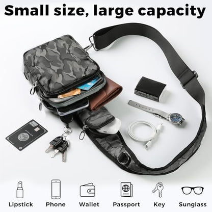 VADOO Sling Bag, Crossbody Bag with Zipper Lock, RFID Blocking & Water Resistant for Men and Women - color: Camouflage Grey