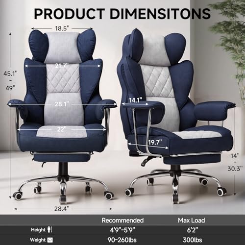 GTPLAYER Gaming Chair,Office Chair with Pocket Spring Lumbar Support, Ergonomic Comfortable Wide Office Desk Computer Chair with Outward Fixed Soft Armrests and Footrest (Fabric, Dark Blue & White) - color: Dark Blue White
