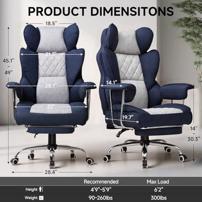 GTPLAYER Gaming Chair,Office Chair with Pocket Spring Lumbar Support, Ergonomic Comfortable Wide Office Desk Computer Chair with Outward Fixed Soft Armrests and Footrest (Fabric, Dark Blue & White) - color: Dark Blue White