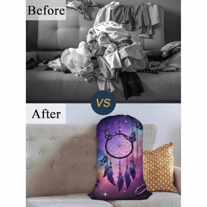 Swono Dreamcatcher Laundry Bag with Drawstring Closure, Foldable, Lightweight, 28" X 40" Watercolor Ethnic Butterflies Feathers Packable Dirty Clothes Pouch for Home Dorm, Camp, Road Trip - color: Dreamcatcher