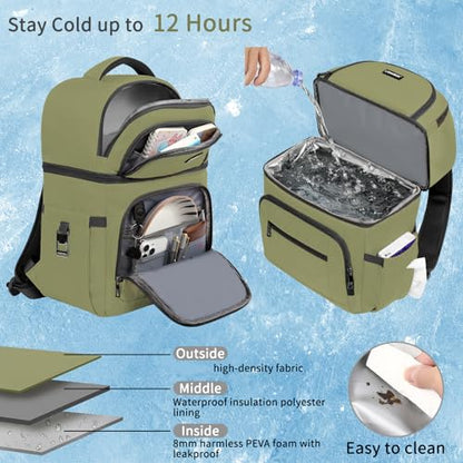 Cooler Backpack,Insulated Backpack Cooler Leakproof Double Deck Cooler Bag for Men Women RFID Lunch Backpack - color: Green