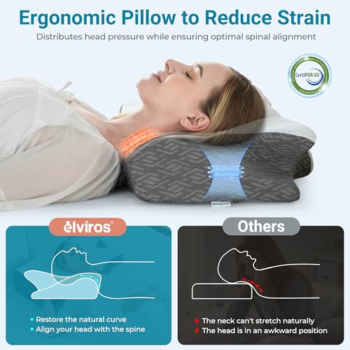 Elviros Cervical Neck Pillow for Sleeping, Memory Foam Pillow for Neck Pain Relief, Side Sleeper Cooling Pillows for Adults, Neck Support with Removable Pillowcase for Back & Stomach Sleepers - color: Dark Gray, size: King Size 28Lx16.5Wx(4.45"-5.23")H