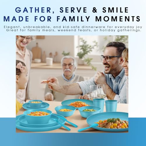 40 Piece Plastic Dinnerware Set for 8 with Cutlery, Unbreakable Plates and Bowls Set, Dishwasher & Microwave Safe Reusable Dish Set for Camping, RV, Outdoor Kitchen, Apartment Dining, Teal - color: Blue